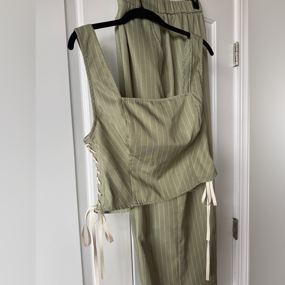 Sage Green Pinstripe Set - mid-rise pants and sleeveless crop top